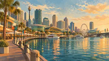 Darling Harbour 4K wallpaper, mid-century travel poster style