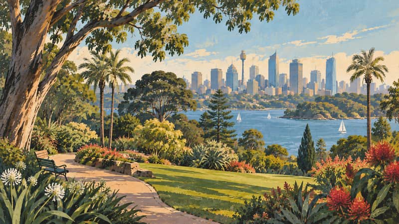 Royal Botanic Garden 4K wallpaper, mid-century travel poster style, for Frame TV and desktop
