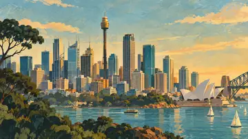 Sydney Tower 4K wallpaper, mid-century travel poster style