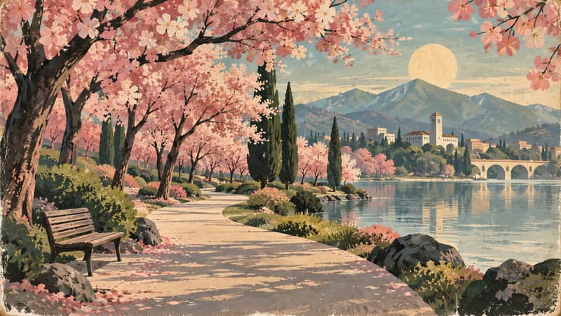 Cherry Blossom Park 4K wallpaper, mid-century travel poster style, for Frame TV and desktop