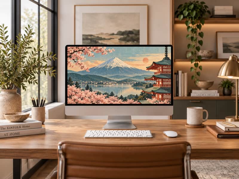 Cherry Blossom Park wallpaper shown on a desktop computer screen