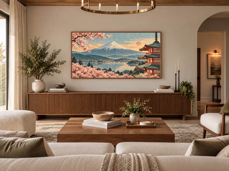 Cherry Blossom Park wallpaper shown as art on a Samsung Frame TV
