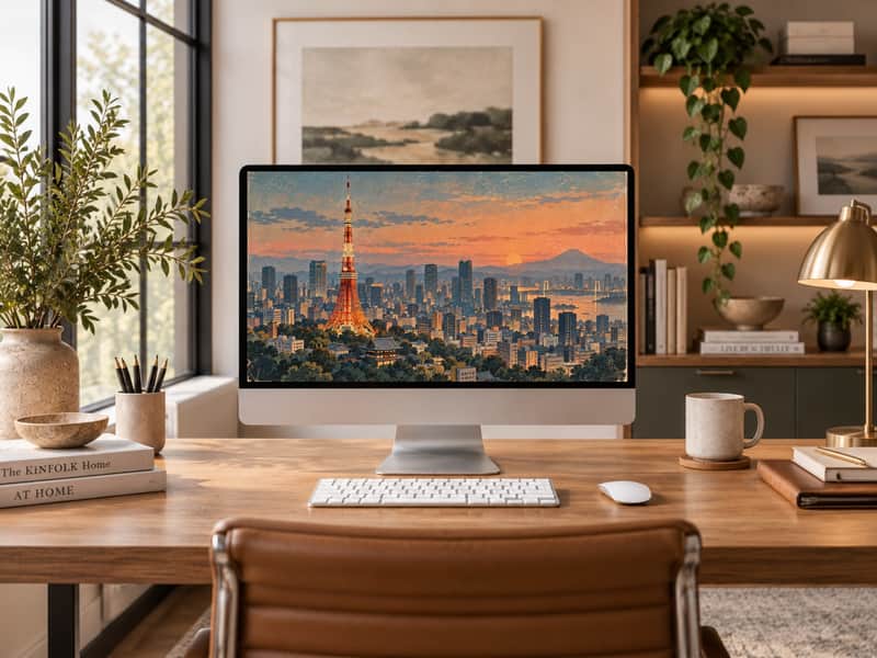 Meiji Shrine wallpaper shown on a desktop computer screen