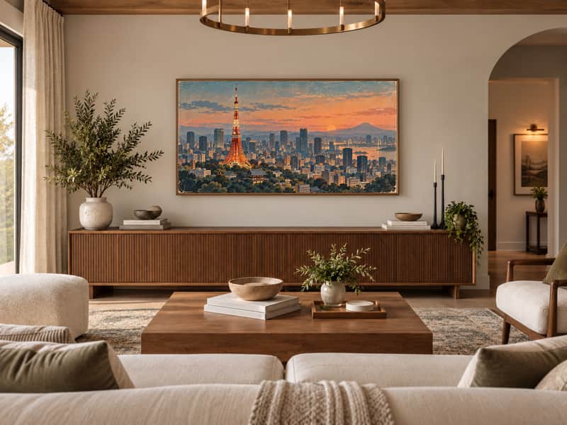 Meiji Shrine wallpaper shown as art on a Samsung Frame TV