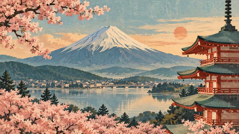 Mount Fuji View 4K wallpaper, mid-century travel poster style, for Frame TV and desktop