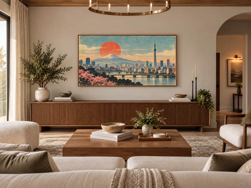 Mount Fuji View wallpaper shown as art on a Samsung Frame TV