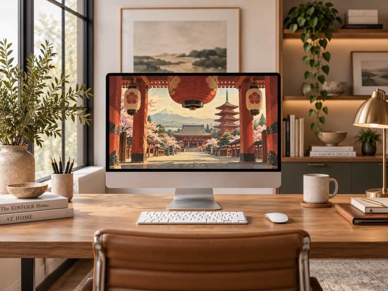 Senso-ji Temple wallpaper shown on a desktop computer screen
