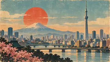 Tokyo Skytree 4K wallpaper, mid-century travel poster style