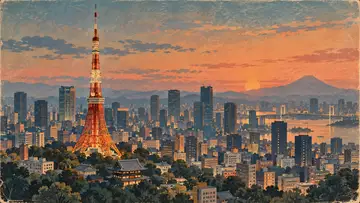 Tokyo Tower 4K wallpaper, mid-century travel poster style