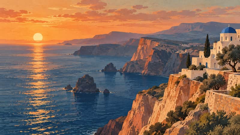 Aegean Sea Cliffs 4K wallpaper, mid-century travel poster style, for Frame TV and desktop