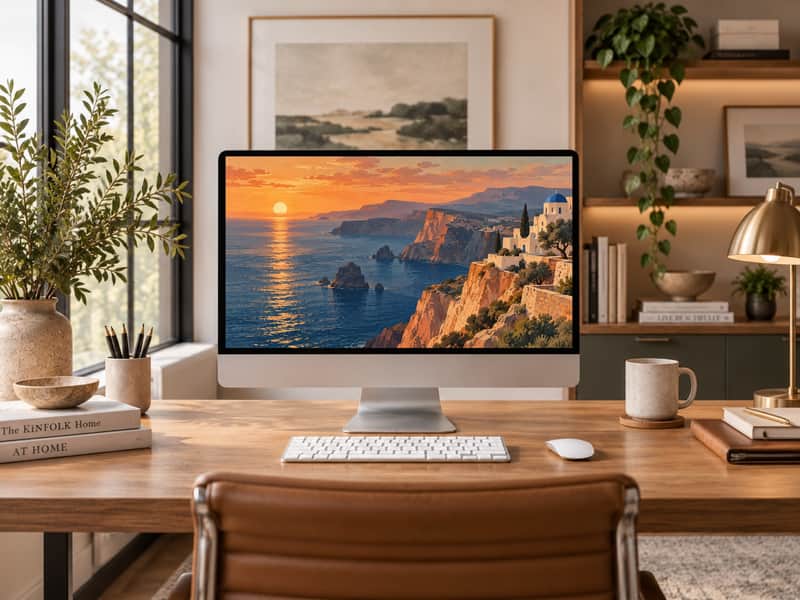 Aegean Sea Cliffs wallpaper shown on a desktop computer screen