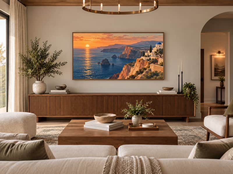 Aegean Sea Cliffs wallpaper shown as art on a Samsung Frame TV