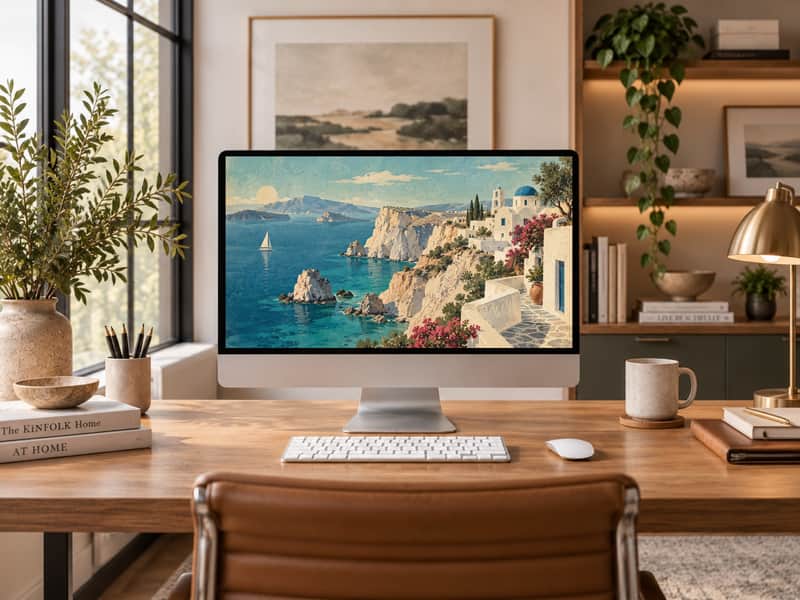 Greek Island Coastline wallpaper shown on a desktop computer screen