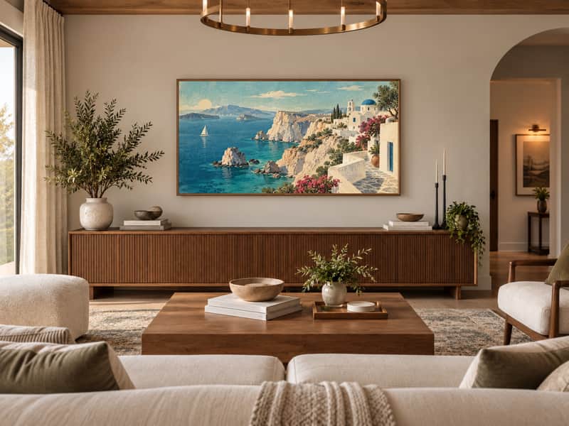 Greek Island Coastline wallpaper shown as art on a Samsung Frame TV