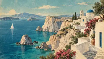 Greek Island Coastline 4K wallpaper, mid-century travel poster style