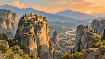Meteora Monasteries 4K wallpaper, mid-century travel poster style