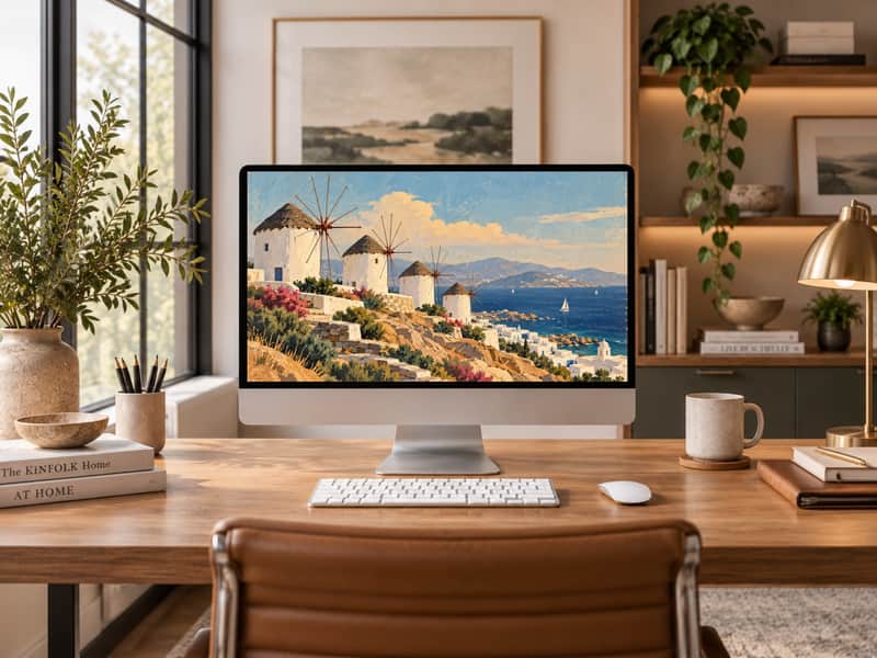 Mykonos Windmills wallpaper shown on a desktop computer screen