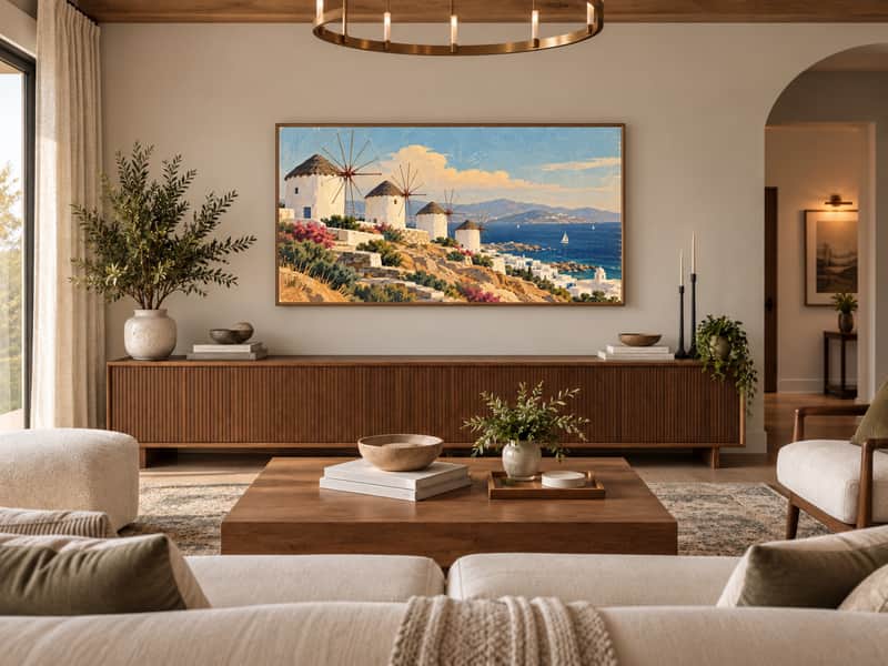 Mykonos Windmills wallpaper shown as art on a Samsung Frame TV