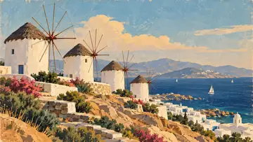 Mykonos Windmills 4K wallpaper, mid-century travel poster style