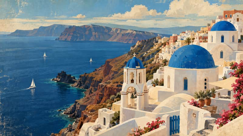 Santorini Cliffs 4K wallpaper, mid-century travel poster style, for Frame TV and desktop