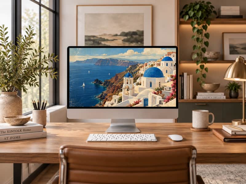 Santorini Cliffs wallpaper shown on a desktop computer screen