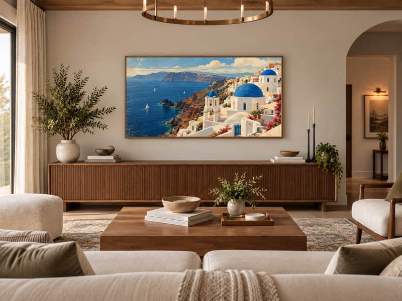 Santorini Cliffs wallpaper shown as art on a Samsung Frame TV