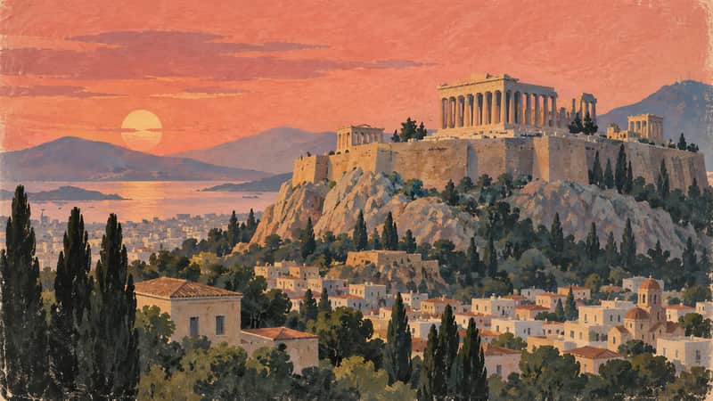 The Acropolis 4K wallpaper, mid-century travel poster style, for Frame TV and desktop