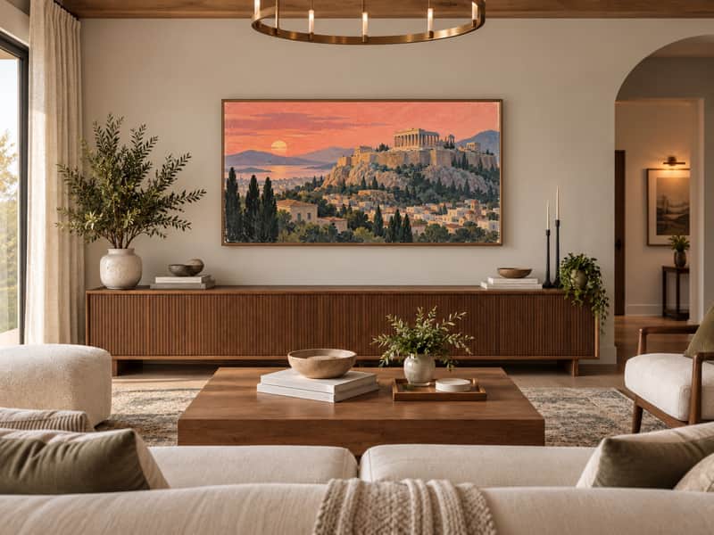 The Acropolis wallpaper shown as art on a Samsung Frame TV