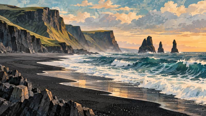 Black Sand Beach 4K wallpaper, mid-century travel poster style, for Frame TV and desktop