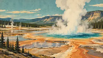 Geothermal Geyser 4K wallpaper, mid-century travel poster style