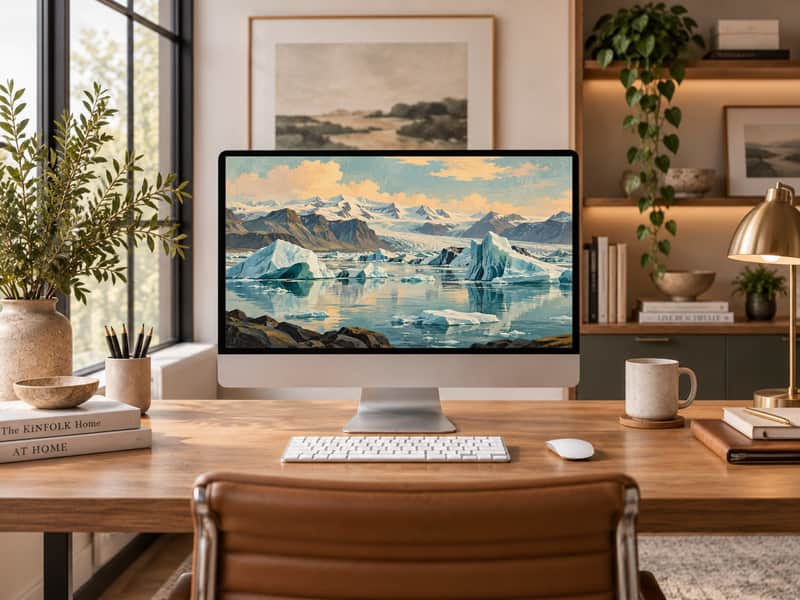 Glacier Lagoon wallpaper shown on a desktop computer screen