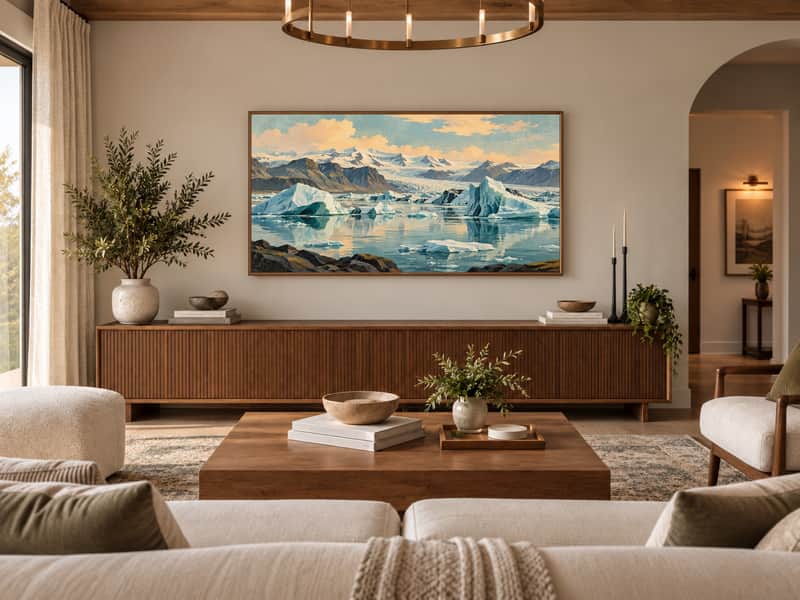 Glacier Lagoon wallpaper shown as art on a Samsung Frame TV