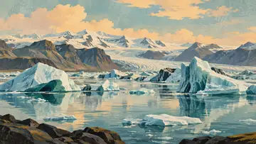 Glacier Lagoon 4K wallpaper, mid-century travel poster style