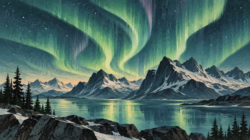 Northern Lights 4K wallpaper, mid-century travel poster style, for Frame TV and desktop