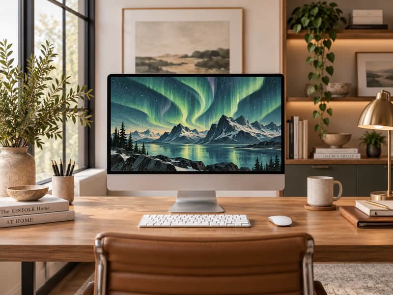 Northern Lights wallpaper shown on a desktop computer screen