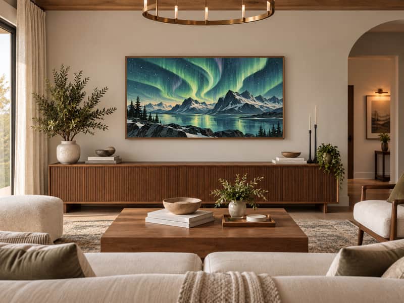 Northern Lights wallpaper shown as art on a Samsung Frame TV