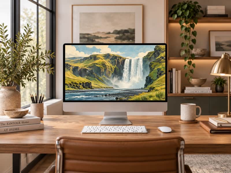 Skógafoss Waterfall wallpaper shown on a desktop computer screen