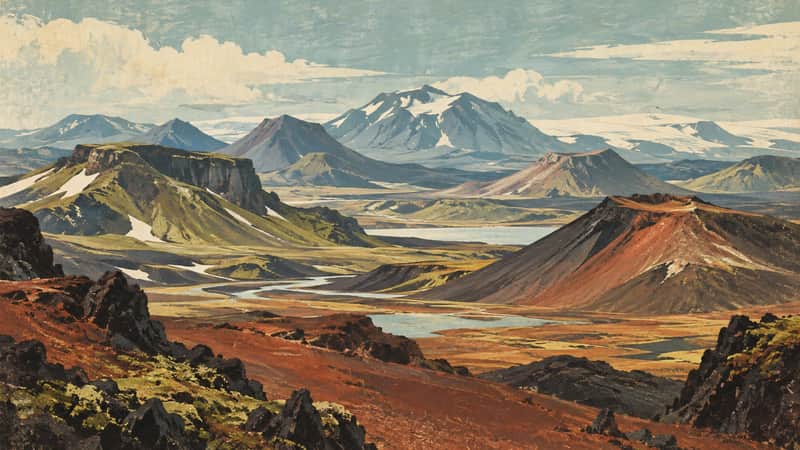 Volcanic Highlands 4K wallpaper, mid-century travel poster style, for Frame TV and desktop
