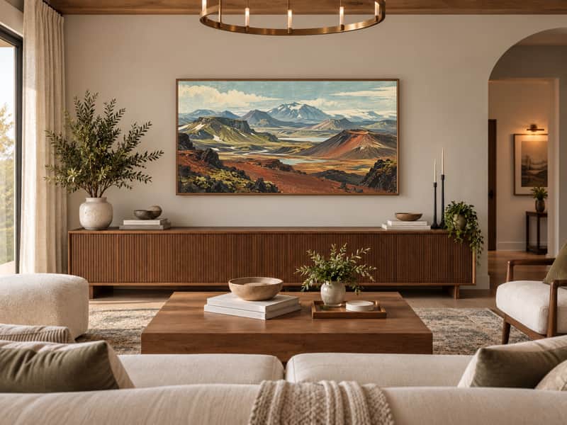 Volcanic Highlands wallpaper shown as art on a Samsung Frame TV