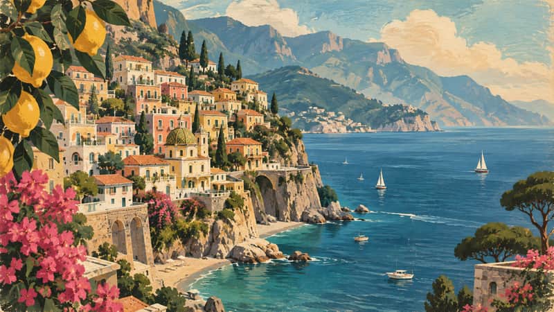Amalfi Coast 4K wallpaper, mid-century travel poster style, for Frame TV and desktop