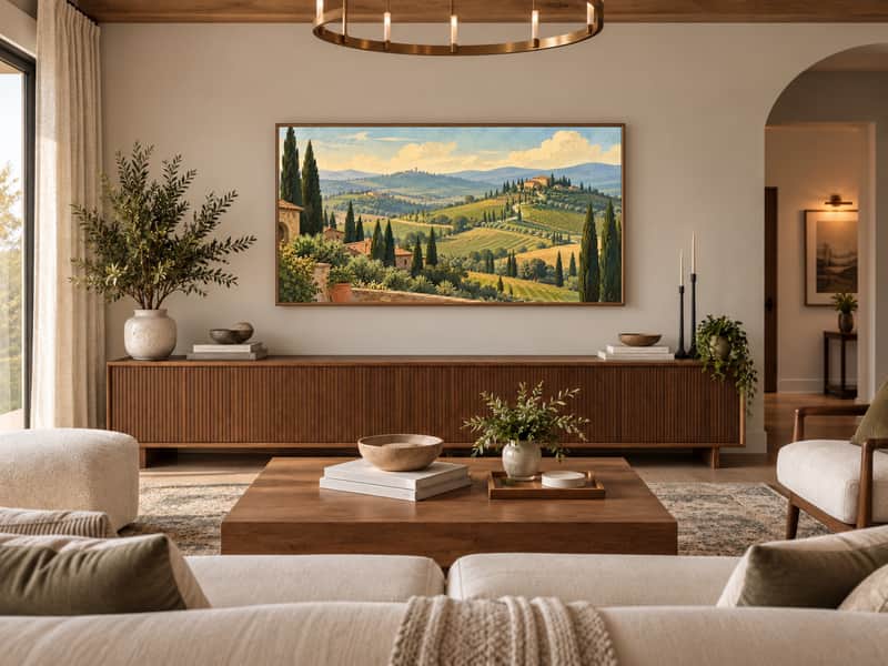 Amalfi Coast wallpaper shown as art on a Samsung Frame TV