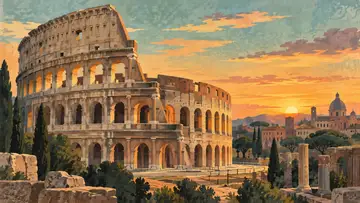 Colosseum 4K wallpaper, mid-century travel poster style
