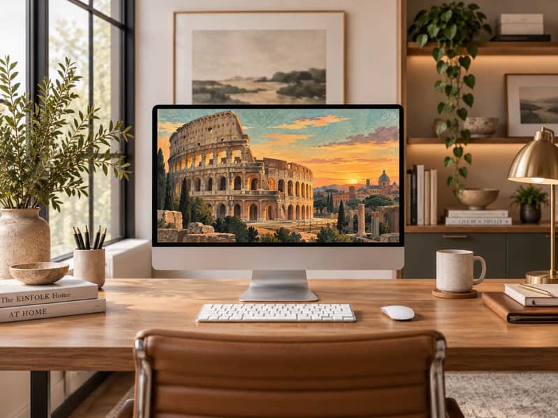 Lake Como wallpaper shown on a desktop computer screen