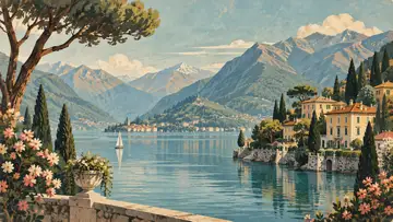 Lake Como 4K wallpaper, mid-century travel poster style