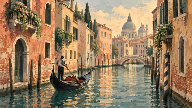 Venice Canals 4K wallpaper, mid-century travel poster style, for Frame TV and desktop