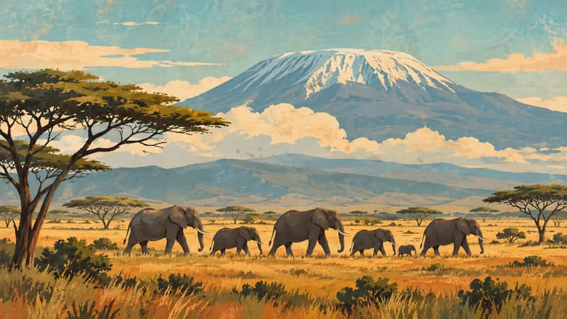 Amboseli Elephants 4K wallpaper, mid-century travel poster style, for Frame TV and desktop