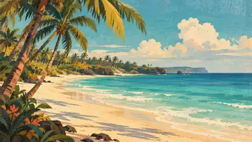 Diani Beach Coastline 4K wallpaper, mid-century travel poster style
