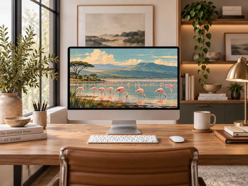 Lake Nakuru Flamingos wallpaper shown on a desktop computer screen