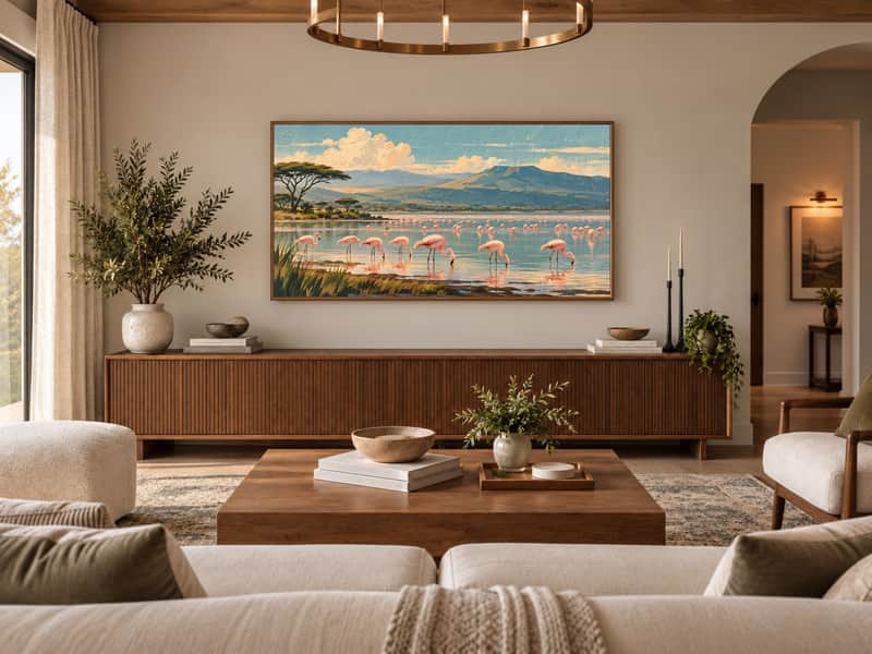 Lake Nakuru Flamingos wallpaper shown as art on a Samsung Frame TV
