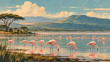 Lake Nakuru Flamingos 4K wallpaper, mid-century travel poster style